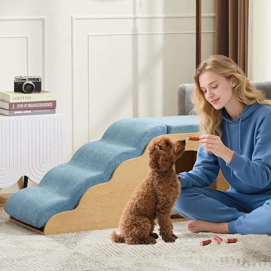 40.9" Lx15.7 Wx17.7 H Dog Ramp and Stairs for Beds,Up to 200 lbs Durable Wooden Dog Steps with Storage&Hideout Space,Curved Pet Stairs for Couch,Sofa, with Washable Cover&High Density Foam-Blue