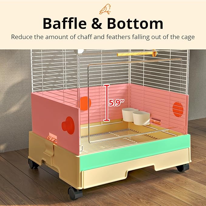 Oneluck Deluxe Bird Cage,Front Transparent Panel, Drawer Tray,Roof with Window,Side Mesh Doors,Rolling Base 18.5"x13.8"x38.5" for Small/Medium Birds,Off-White