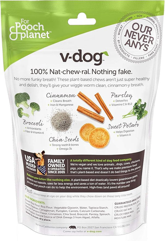 V-dog Dog Treats - Vegan Breathbone Teeth Cleaning Dental Dog Bones - Fresh Breath - 8 Ounces - All Natural - Made in USA - 6 Bones - 4" Long - Easy to Digest