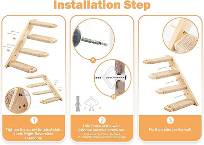 Cat Climbing Shelves Four Stair Shelf Wall Mounted Reversible Left & Right Direction, Cat Stairway Shelf for Climbing with Sisal Rope Ladder Wall Pets Furniture