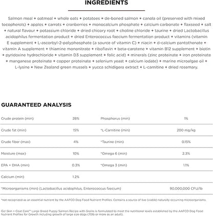 Go! Solutions Skin + Coat Care, Dry Dog Food, Large Breed Puppy Salmon Recipe with Grains, 12 lb Bag