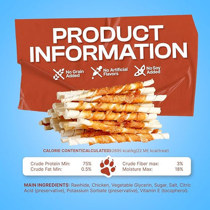 PETPHABET Chicken Wrapped Rawhide Dog Treats - Hide Twists Sticks for Chew, Natural Pet Snack for Small Puppy Traning and Dental Healthy, Chicken Flavor, 5 Inch, 30 Count