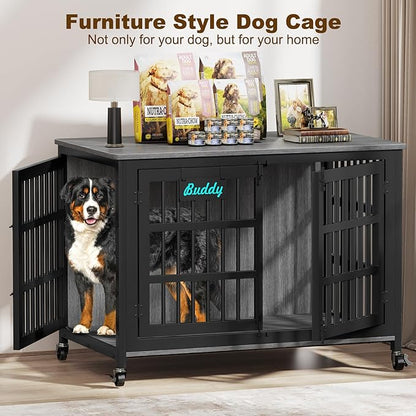 EasyCom 48"/42"/33" Dog Crate Furniture with Name Tag, Heavy Duty Dog Kennel Indoor for Large Dogs, Escape-Proof and Chew-Proof Dog Cage for high Anxiety Dog, Decorate House as TV Stand, End Table