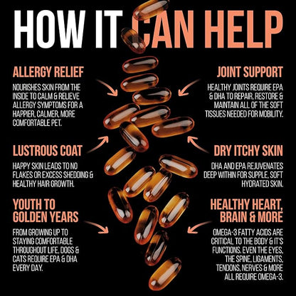 Best Paw Nutrition Pure Wild Alaskan Salmon Oil for Dogs & Cats Allergy, Dry Itchy Skin, Hotspots, & Joint Pain Relief 1000mg Softgels