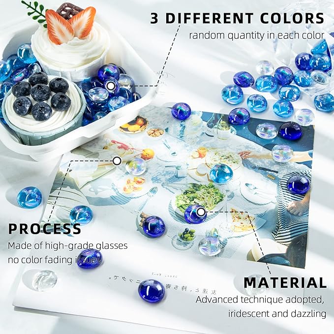 FUTUREPLUSX 1LB Iridescent Flat Glass Marbles, Vase Fillers Blue Mixed Glass Beads Rocks for Fish Tank Aquarium Decor DIY Craft