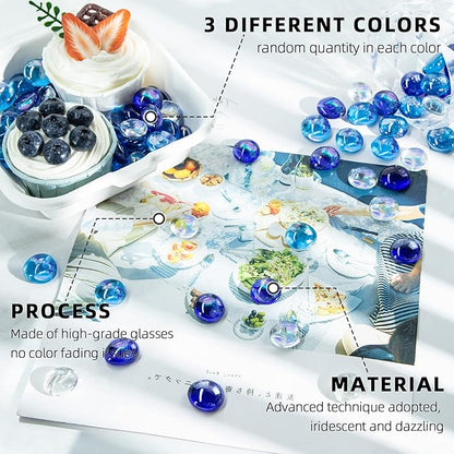 FUTUREPLUSX 1LB Iridescent Flat Glass Marbles, Vase Fillers Blue Mixed Glass Beads Rocks for Fish Tank Aquarium Decor DIY Craft
