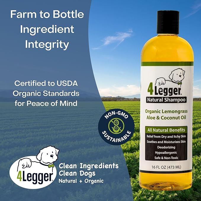 4-Legger Certified Organic Dog Shampoo - All Natural and Hypoallergenic with Aloe and Lemongrass, Soothing for Normal, Dry, Itchy or Allergy Sensitive Skin - Biodegradable - Made in USA - 16 oz