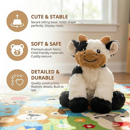 GOOC Kawaii Stuffed Fluffy Dairy Cattle Animal Fluffy Cow Plush Toy Fuzzy Milk Bull Plushies Sitting Cow Doll Gift for Kids or Lover in Birthday Valentine and Christmas 10 Inch