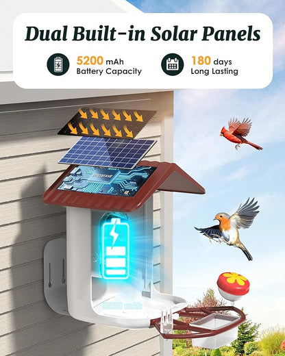 BIRDSFAVE-Bird Feeder with Camera Solar Powered, 2K Clear Live/Video/Photo Auto Arrival Alerts AI Identify Smart Cameras Birds Feeders with 32GB Card DIY Add-ons, 2.4G WiFi Wireless Birdwatching Gift