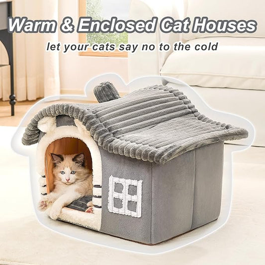 Jiupety Bear Cat Houses for Indoor Cats, Chimney Cute Cat Bed Cave, Enough Interior Space, Cartoon Soft Pet House Up to 3-7 lbs Kitten, Gray