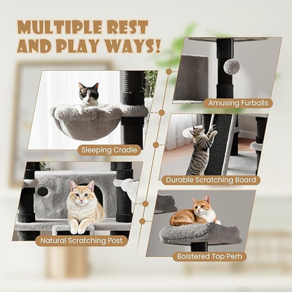 SHA CERLIN 68 Inches Multi-Level Large Cat Tree for Large Kitties/Big Cat Tower with Condo/Cozy Plush ‌Pussycat Perches/Sisal Scratching Posts and Hammocks/Activity Center/Black & Grey
