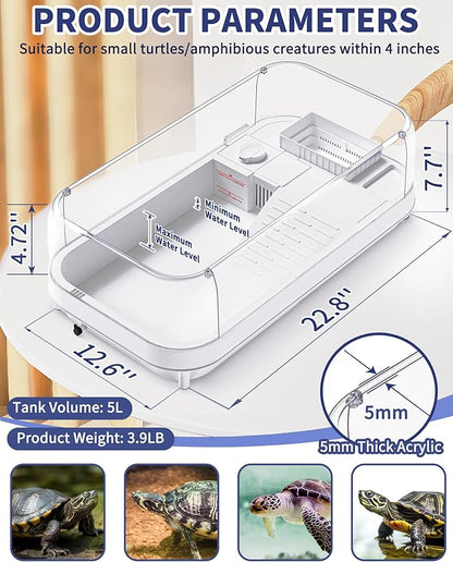 Moonorange Large Turtle Tank with Water Pump, Acrylic Turtle Tank Starter Kit with Heightened and Curved Fences, Multi-Function Areas, Bottom Drainage