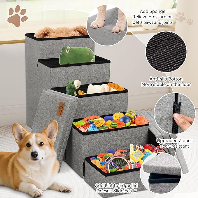 Dog Stairs for High Beds, Folding Pet Stairs Gift for Dogs Puppy with Storage for Bed Couch, Cat Dog Ramp Hold Up to 200 lbs (Gray, 5 Steps with Condo(49" D x 17" W x 26" H))
