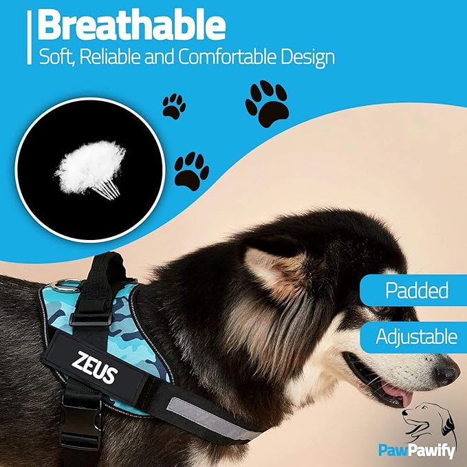PawPawify Custom No Pull Dog Harness with Name and Phone Number, Heavy Duty Personalized Pet Vest to Prevent Tugging, Pulling, or Choking, Training and Walking (Camouflage Blue, XXL (85-140 LBS))
