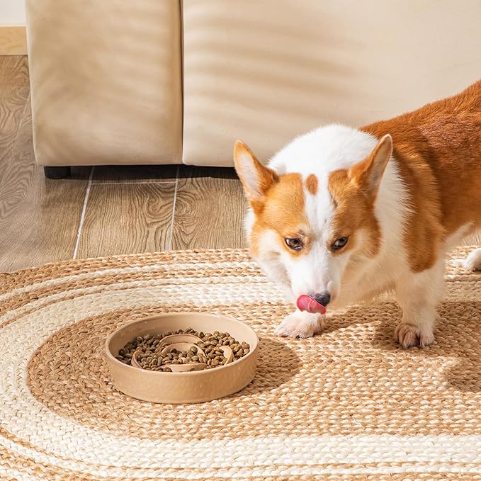 vancasso Slow Feeder Dog Bowl, 1.5 Cups Ceramic Slow Feeder for Medium Breed, Puzzle Maze Dog Food Bowl for Fast Eater, Khaki