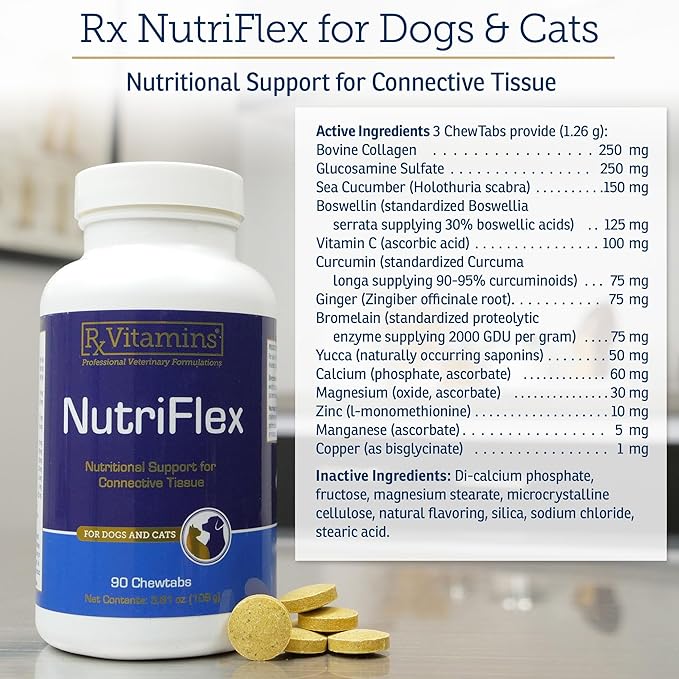 Rx Vitamins NutriFlex for Cats & Dogs - Glucosamine for Dogs Hip and Joint Supplement - with Bovine Collagen and Chondroitin - Joint Pain Relief & Anti Inflammatory - Beef Liver (90 Chews)