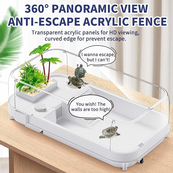 Moonorange Large Turtle Tank with Water Pump, Acrylic Turtle Tank Starter Kit with Heightened and Curved Fences, Multi-Function Areas, Bottom Drainage