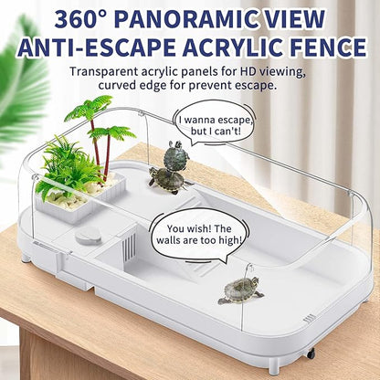 Moonorange Large Turtle Tank with Water Pump, Acrylic Turtle Tank Starter Kit with Heightened and Curved Fences, Multi-Function Areas, Bottom Drainage