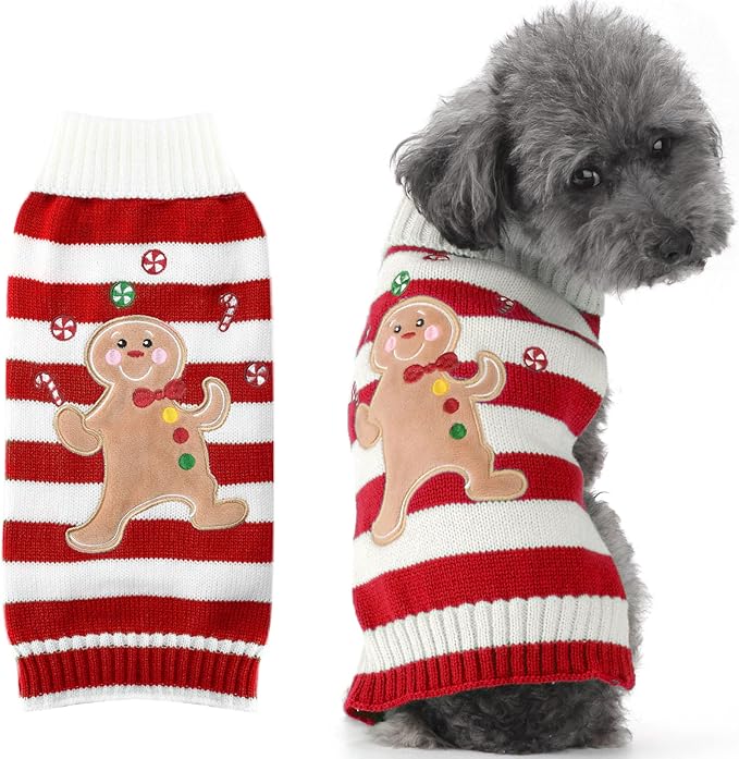Dog Christmas Sweater Cute Striped Gingerbread Man Knitted Turtleneck Cat Ugly Xmas Outfit Holiday Puppy Costumes Fall Winter Warm Pet Sweater Vest Clothes for Small Medium Dogs Cats(M,Red)