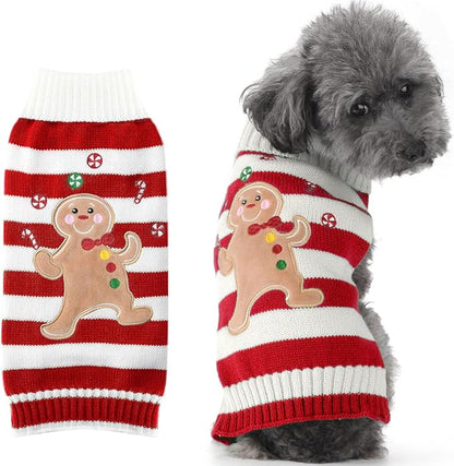 Dog Christmas Sweater Cute Striped Gingerbread Man Knitted Turtleneck Cat Ugly Xmas Outfit Holiday Puppy Costumes Fall Winter Warm Pet Sweater Vest Clothes for Small Medium Dogs Cats(M,Red)