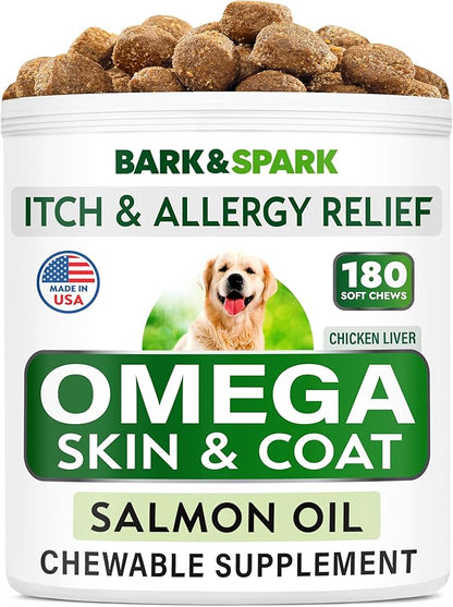 BARK&SPARK Omega 3 for Dogs - 180 Fish Oil Treats for Dog Shedding, Skin Allergy Chews, Itch Relief, Hot Spots Treatment - Joint Health - Skin and Coat Supplement - EPA & DHA Fatty Acids - Salmon Oil