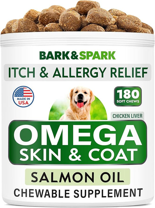 BARK&SPARK Omega 3 for Dogs - 180 Fish Oil Treats for Dog Shedding, Skin Allergy Chews, Itch Relief, Hot Spots Treatment - Joint Health - Skin and Coat Supplement - EPA & DHA Fatty Acids - Salmon Oil