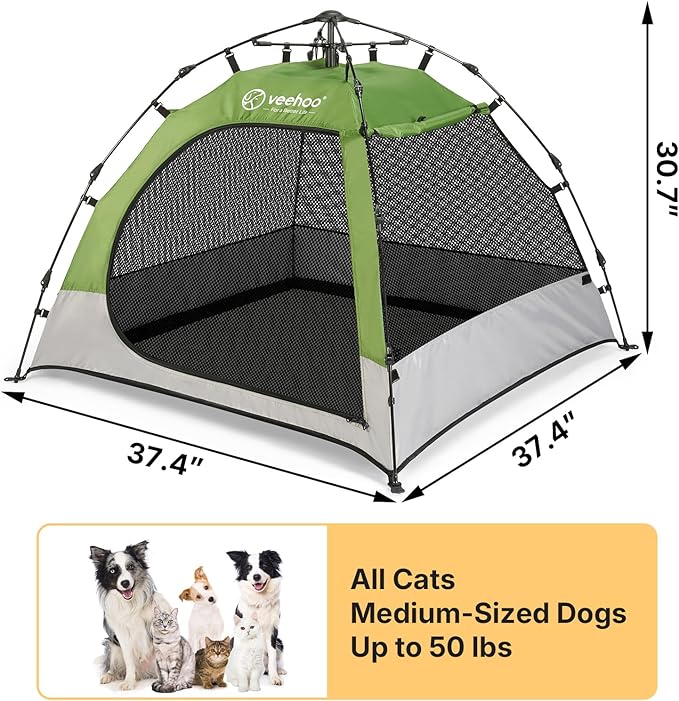 Veehoo Pop Up Pet Tent House for Indoor Outdoor, Portable Dog Tent & Cat House Shelter, Waterproof Foldable Automatic Dog Kennel to Small Medium Pets & Feral Cats