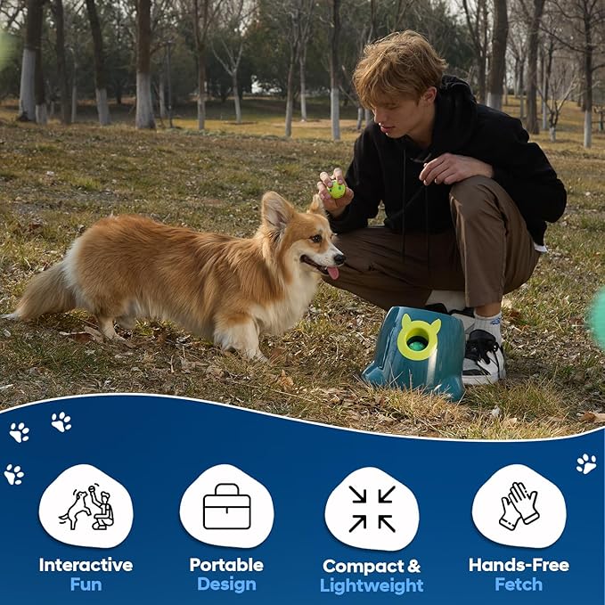 Automatic Small Dog Ball Launcher - Remote Control Interactive Fetch Machine Thrower for Small and Medium Sized Dogs with 6 High-Bounce Washable Latex Balls, Training Clicker, and Whistle – Blue