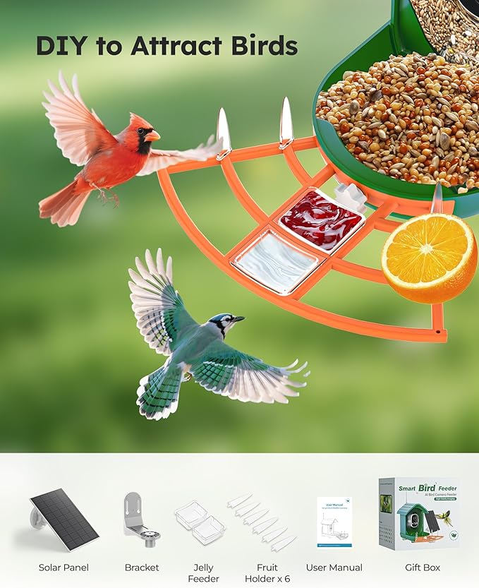 Smart Bird Feeder with Camera Solar Powered for Outdoors 2K FHD AI Recognition Hanging Bird Feeder Camera for Outside Backyard Garden, Gifts for Birdlover Mom Dad Kid (Dark Green and Orange)