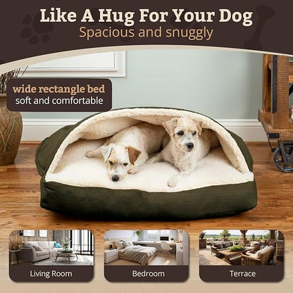 Snoozer Rectangle Cozy Cave Dog Bed - Indoor Dog Bed with Cover Cave, Covered Calming Burrow for Large Sized Pets with Blanket Attached, Enclosed, Washable Cover - XL, Olive