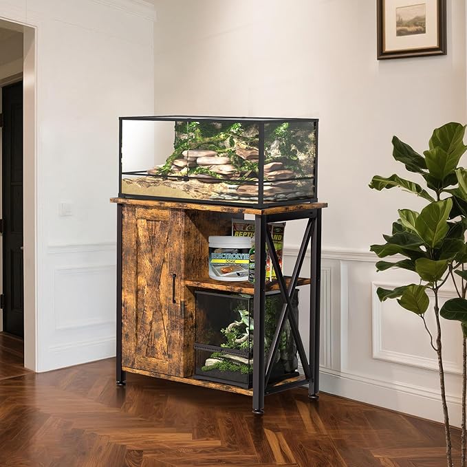 Herture 45-67 Gallon Reptile Tank Stand with Power Outlet, Terrarium Stand with Storage Cabinet, 24" Wx18 D Tabletop, Reptile Terrarium, Rustic Brown PG12XYN