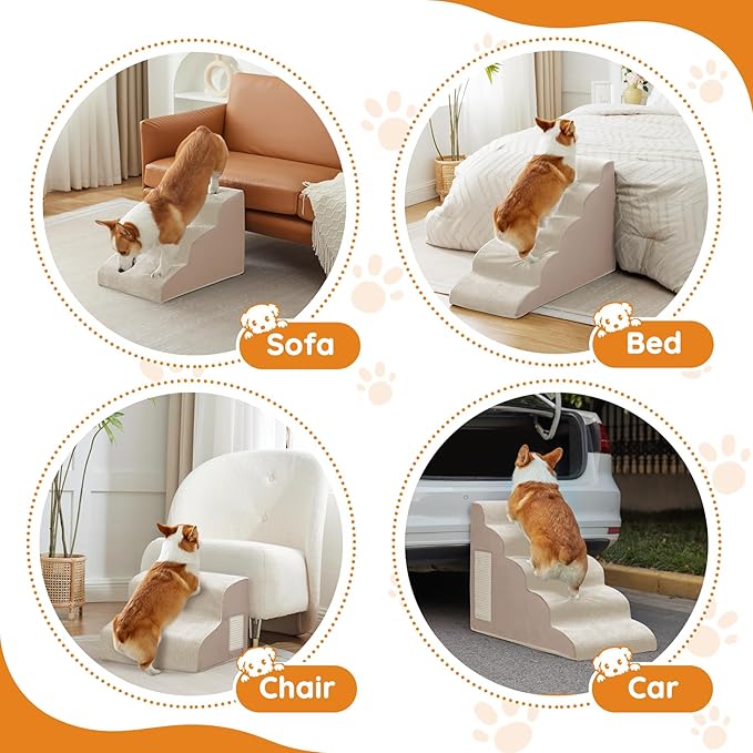 Pet Stairs, Dog Stairs for Small Dogs, Dogs Steps, 3-Step Curved Dog Ramp for Bed, Couch, Sofa, Car and Chairs, Non-Slip Bottom Design, Cat Scratching Board, High Density Foam Portable Pet Step, Beige