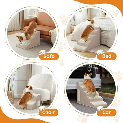 Pet Stairs, Dog Stairs for Small Dogs, Dogs Steps, 3-Step Curved Dog Ramp for Bed, Couch, Sofa, Car and Chairs, Non-Slip Bottom Design, Cat Scratching Board, High Density Foam Portable Pet Step, Beige