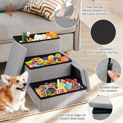 Wider Dog Stairs with Storage 18" H, 3-Step Sturdy Dog Steps for Large/Medium/Small Older Senior Dogs Cats, Folding Pet Stairs Climbing Bed or Couch, Arthritis-Friendly (Gray, No Condo)