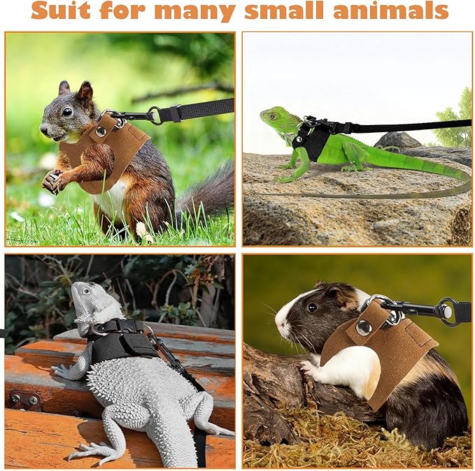 KABASI Bearded Dragon Harness Leash Set, 3 Size Adjustable Lizards Training Walking Leather Vest Escape-Proof Traction Rope for Squirrel and Other Outdoor Small Reptiles (Brown)