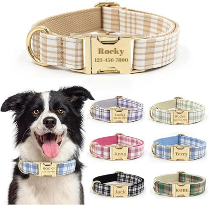 Custom Personalized Dog Collars with Pet Name/Phone Number Engraved Gold Metal Buckle - Soft Adjustable Collar for Small Medium Large Dogs (Plaid)