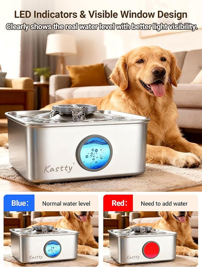 Kastty 15L/4 Gal Dog Water Fountain, Stainless Steel Large Pet Water Fountain with Water Level LED Light, Quiet Automatic Dog Water Bowl Dispenser for Dogs Inside Easy Cleaning FS79