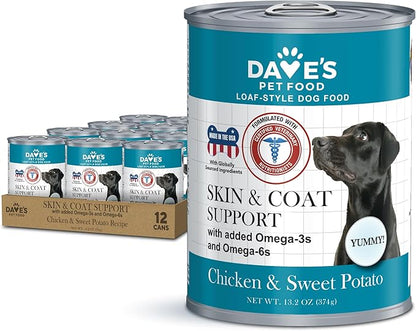 Dave's Pet Food Sensitive Skin Dog Food for Skin and Coat (Chicken & Sweet Potato), Wet Canned, Made in USA, 13.2oz Cans (12 Pack)