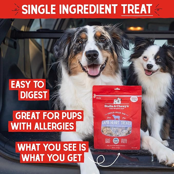 Stella & Chewy's Freeze-Dried Raw Lamb Heart Dog Treats - Single Ingredient, No Additives - Premium Training Treats - Perfect For Picky Eaters - 3oz Bag