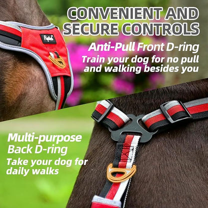 PUPTECK Escape Proof Dog Harness with Padded Handle, No Pull Pet Vest Harness Durable Reflective for Medium Large Dogs Walking Training and Running, Red, L