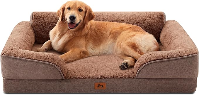 XL Orthopedic Dog Beds for Large Dogs, Waterproof Egg-Crate Foam Pet Couch Bed with Soft Sides, Non-Slip Dog Sofa with Fleece Removable Washable Cover, 42" L Supportive Pet Sofa, Brown
