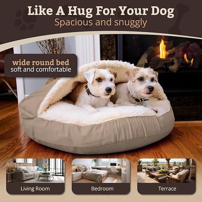 Snoozer Luxury Cozy Cave Dog Bed - Indoor Dog Bed with Cover Cave, Covered Calming Burrow for Small & Medium Sized Pets with Blanket Attached, Enclosed, Washable - Large, Buckskin
