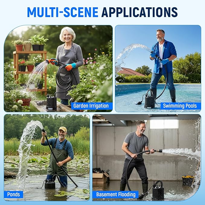 D-HONOR Sump Pump, Submersible Water Pump 1/3 HP 1600 GPH with Float Switch, Automatic Utility Pump for Pool, Pond, Garden, Flooded Basement, Aquarium, and Irrigation, with 10 Ft Power Cord