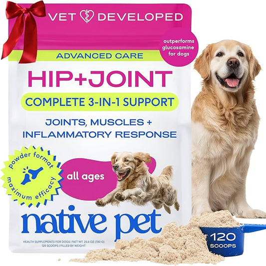 Native Pet Advanced Care - Hip & Joint Supplement for Dogs - Supports Joints, Cartilage, Muscles & Anti-Inflammatory with HMB, UC-II Collagen, Green Lipped Mussel & Hyaluronic Acid - 120 Scoops