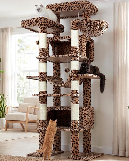Globlazer XXL Giant Cat Tree, 83 Inch Heavy Duty Tall Cat Tower for Indoor Cats Large Adult, Multi-Level Large Cat Condo with 8 Scratching Posts, Hammock, 2 Cat Caves, 2 Platform, F83B, Leopard Print