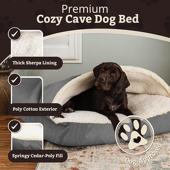 Snoozer Rectangle Cozy Cave Dog Bed - Indoor Dog Bed with Cover Cave, Covered Calming Burrow for Large Sized Pets with Blanket Attached, Enclosed, Washable Cover - XL, Heather Gray