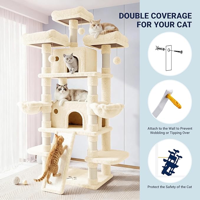 Allewie 82 Inches Large Cat Tree/House/XXL Tall Cat Towers for Big Feline/Scratching Post/Multi-Level Large Kitty Climbing Tree with Condo/Beige