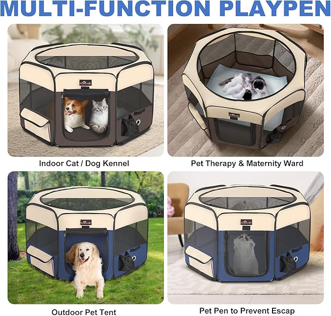 Aivituvin Dog Playpen, Foldable Pet Play Pens with Carrying Bag for Cat, Puppies, Rabbits, Portable Dog Tent Crates Cage for Travel Camping Indoor Outdoor, Removable Shade Cover, Blue M