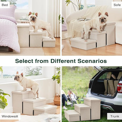 Love's cabin Dog Stairs for High Bed 18" H,Foldable Pet Stairs for Small Medium or Large Dogs Puppy with Storage for Bed or Couch, Cat Dog Steps Ramp with Zip up to 200 lbs(Beige,3 Steps no Condo)