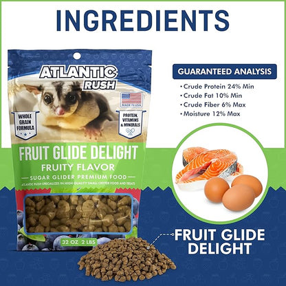 Atlantic Rush Fruit Glide Delight Sugar Glider Food - 2lb Resealable Bag of Food for Sugar Gliders - Complete Nutrition, High Protein and Vitamins Sourced and Made in USA - Sugar Glider Treats